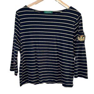 Lauren Ralph Lauren Navy Gold Striped Crest Logo Old Money Boxy Top 1X